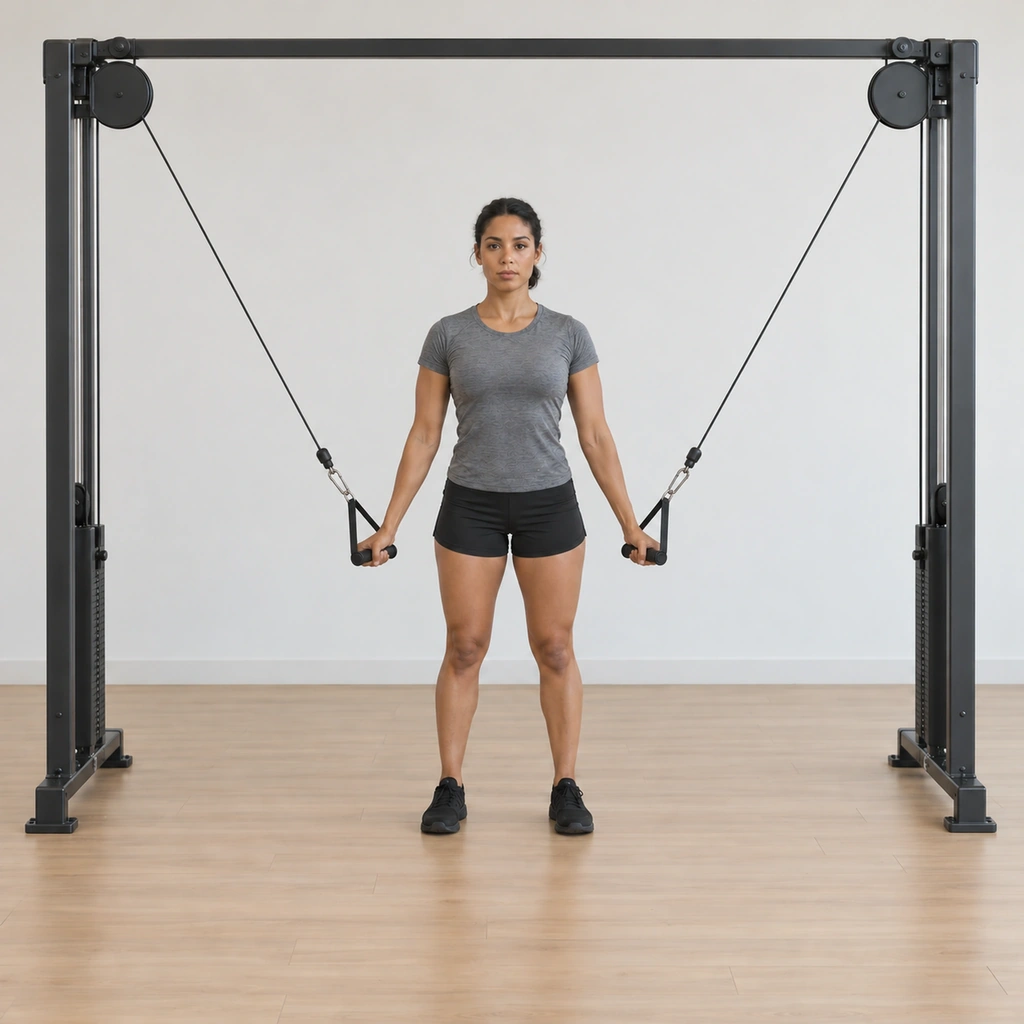 Her arms are sweeping straight down from the T - still near-straight with soft elbows - the hands descending toward the level of her hips as the cables draw in.