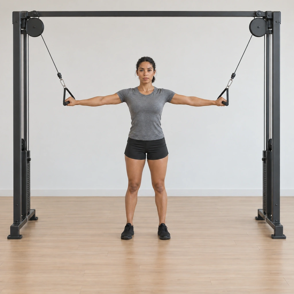 Her arms are rising under control back toward shoulder height - the soft-bend path reversing the sweep, the hands partway back up toward the T.