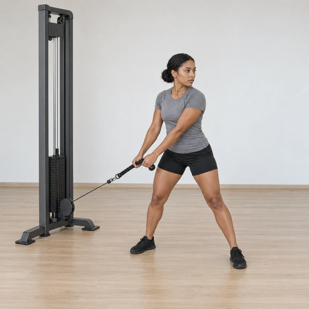 She stands sideways to the cable column in a wide athletic base, both hands holding the rope in front of her near-side hip, knees soft, the rope running to the low pulley.