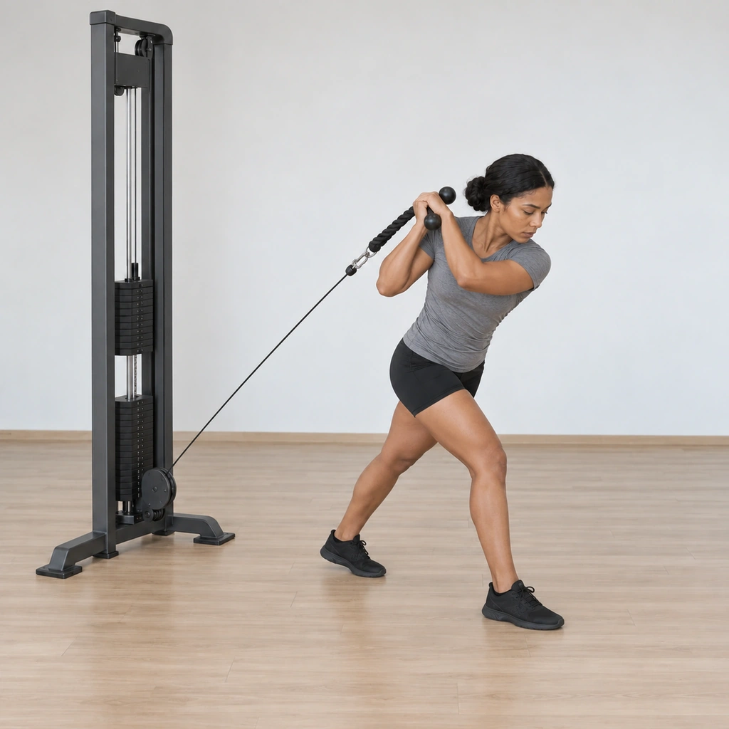 Her hips have pivoted away from the machine on the rear foot, both hands dragging the rope up and over her far shoulder, the rope crossing her shoulder toward the pulley.