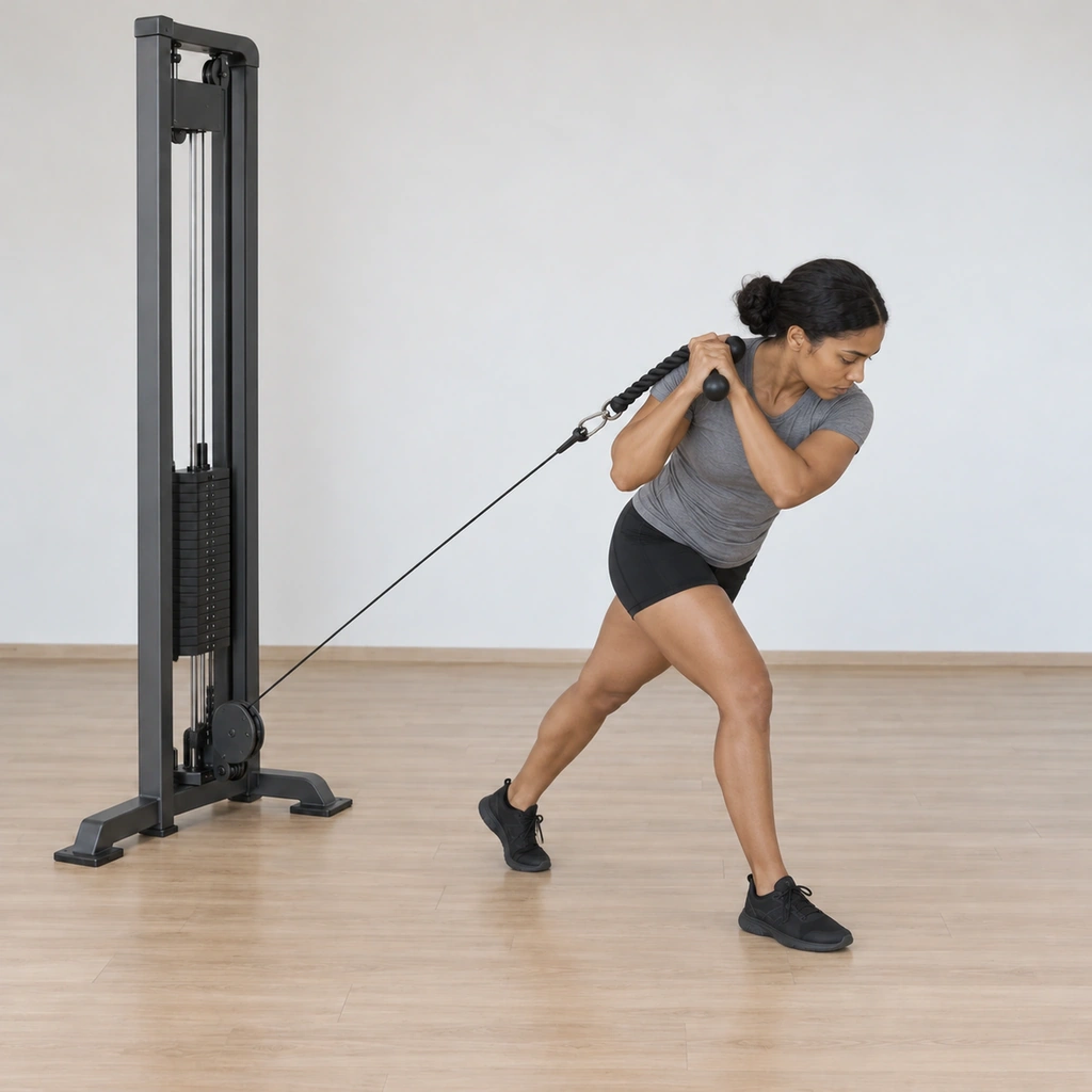 She crunches forward diagonally away from the machine, the rope still over her shoulder under tension, her weight driven into the front foot, torso folding over the lead leg.