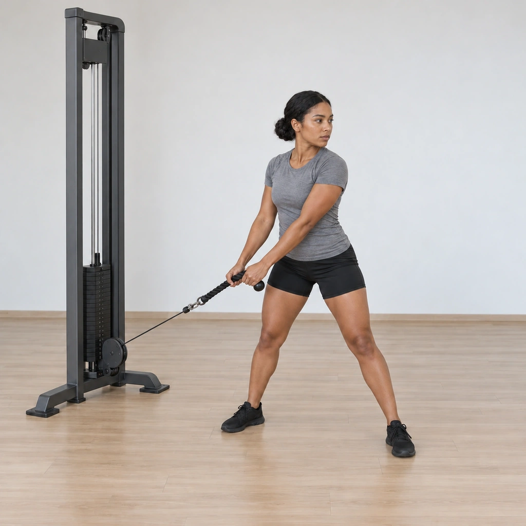 She is rising back under control toward the sideways stance, the rope easing back off the shoulder, hips squaring toward the machine, weight re-centring.