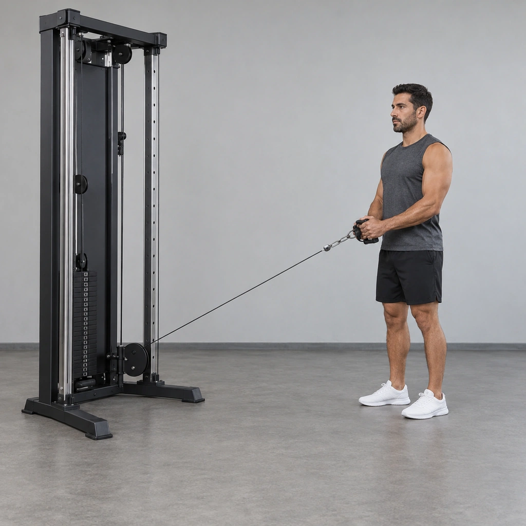 A man standing facing a low cable machine, holding a handle at his waist with both hands.