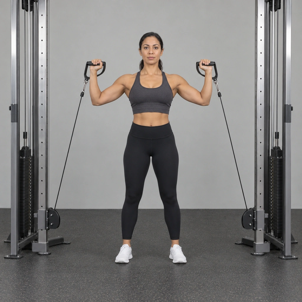 A woman standing between two cable towers, holding a handle in each hand at shoulder height, palms facing forward.