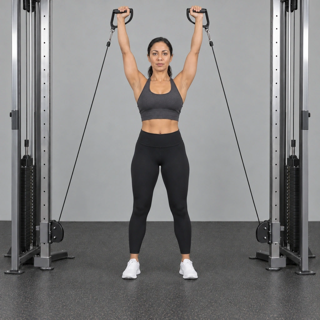 The same woman, both arms now extended straight overhead holding a handle in each hand, both cables still taut.