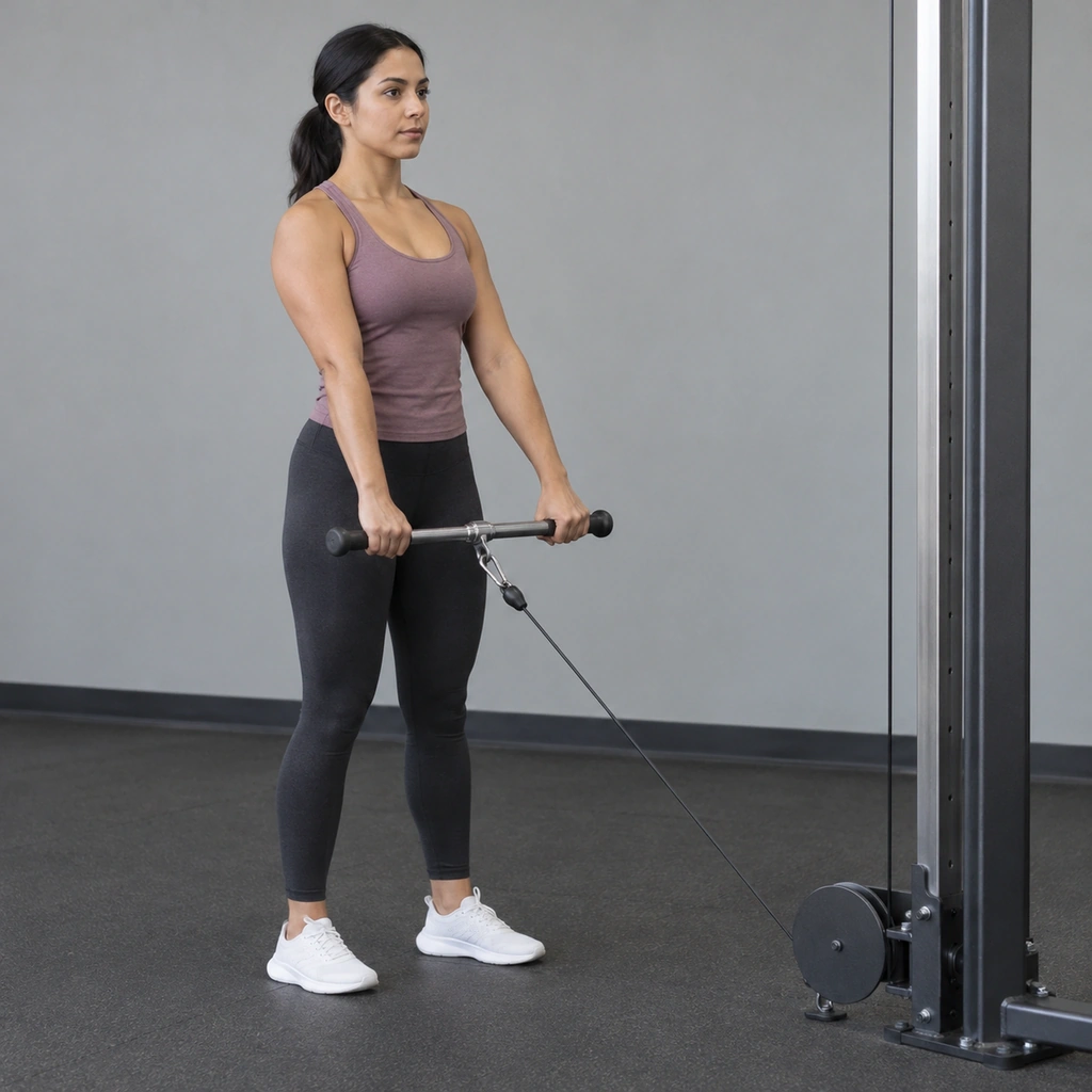A woman standing close to a low pulley machine, gripping a cable bar attachment with both arms extended in front of her body.