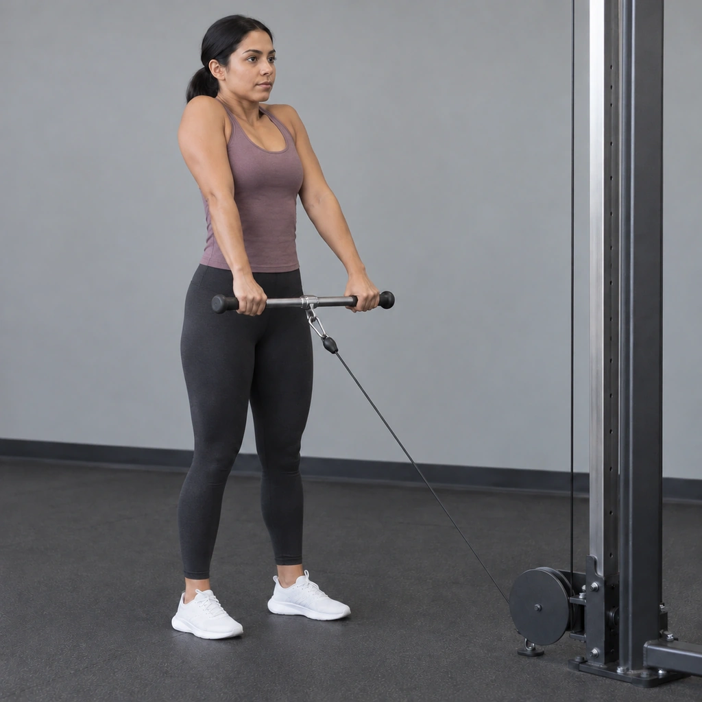 The same woman, now with her shoulders elevated as high as possible toward her ears, still gripping the cable bar with both arms extended.