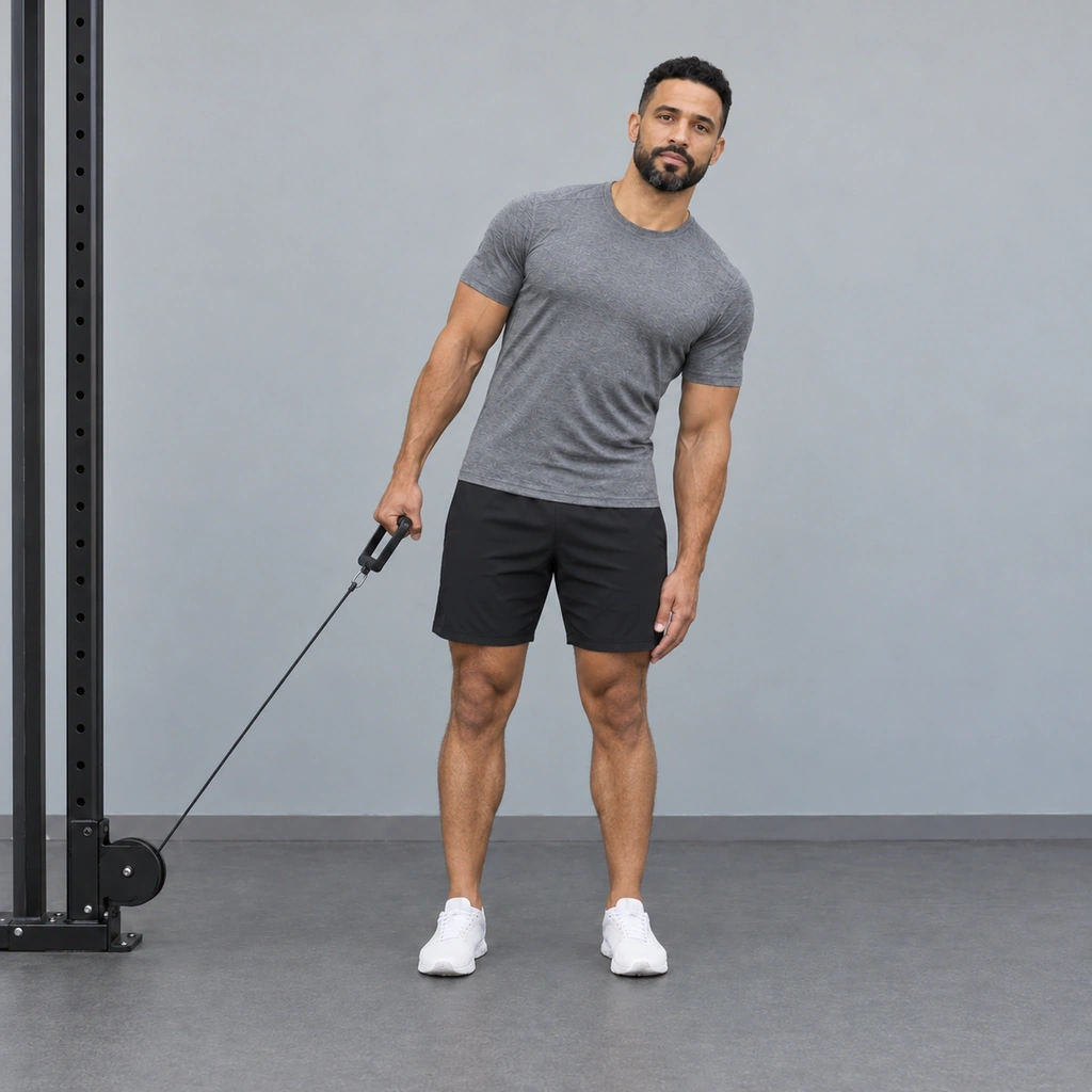 The same man, bent sideways at the waist to his left, away from the cable tower, still gripping the D-handle on the taut cable in his right hand.