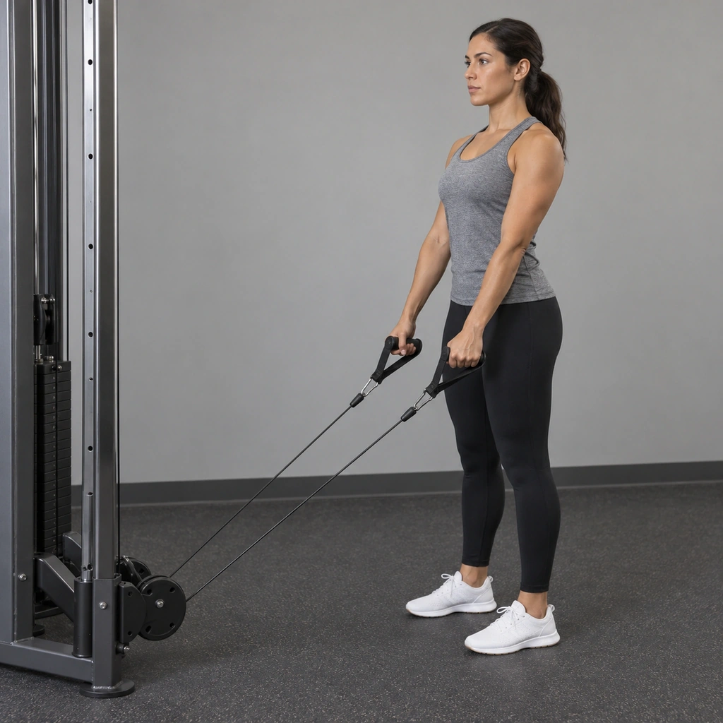 A woman standing upright facing a cable machine, holding a handle in each hand.