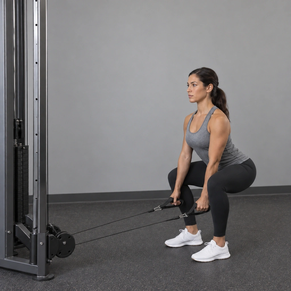 The same woman, now squatted down, still holding a handle in each hand near her ankles.