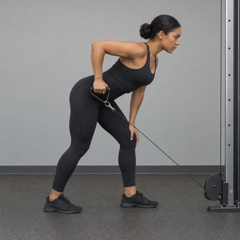 A woman hinged forward at the hips, gripping a cable handle in her right hand, her elbow bent and her upper arm held parallel to the floor above her torso.