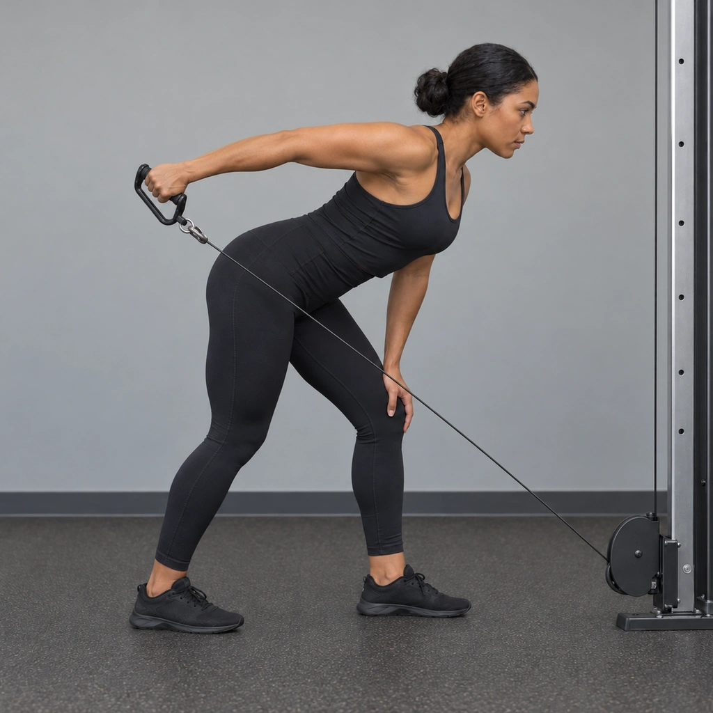 The same woman, still hinged forward, her right arm now straightened behind her torso, her upper arm still parallel to the floor at the same height as before.