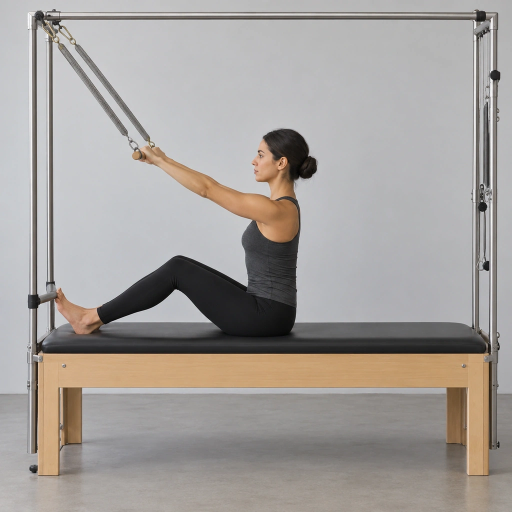 A woman sitting tall facing the open end of a Cadillac trapeze table, both feet on its metal footbar, holding an overhead spring-loaded bar with both arms straight.
