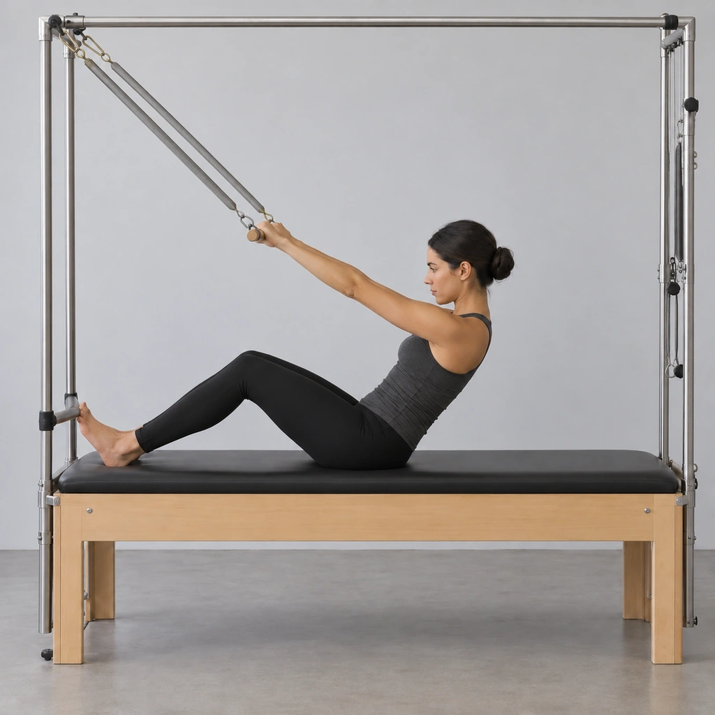 The same woman, now reclined back with her spine rounded into a C-curve, both arms still straight on the same bar, the springs stretched more taut.