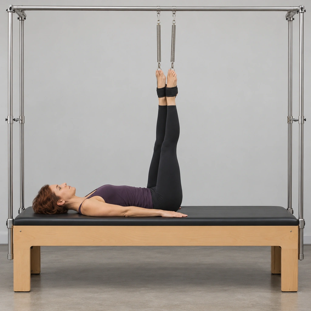 A woman lying on her back on a trapeze table with both legs held straight up over her hips in ankle straps attached to springs overhead.