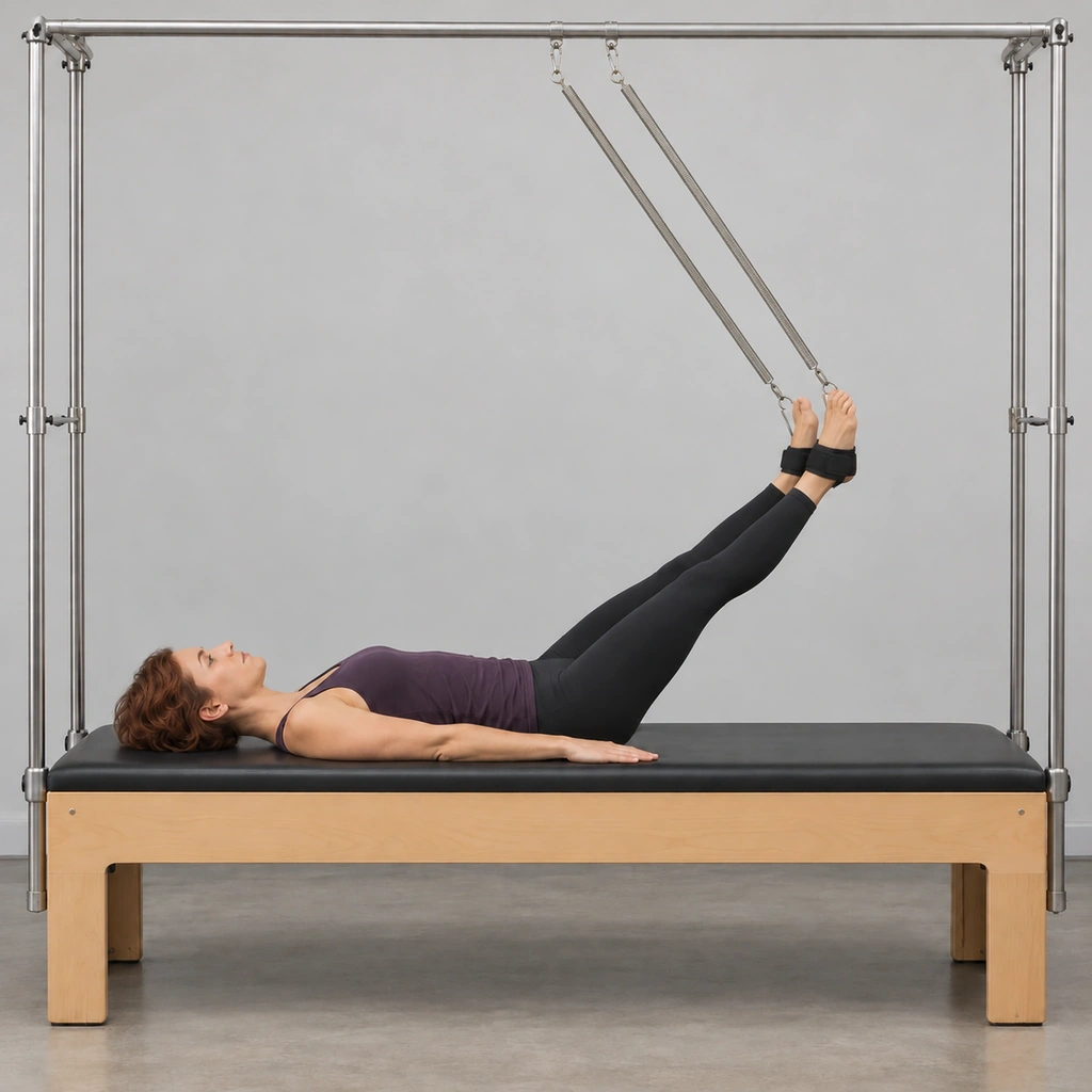 The same woman with both straight legs lowered together part-way toward the table, the springs stretched at an angle above them.
