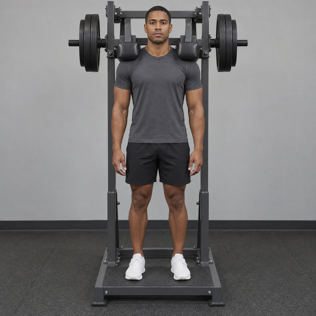 A man standing beneath a machine's two shoulder pads, torso straight, both arms hanging at his sides, hands empty.