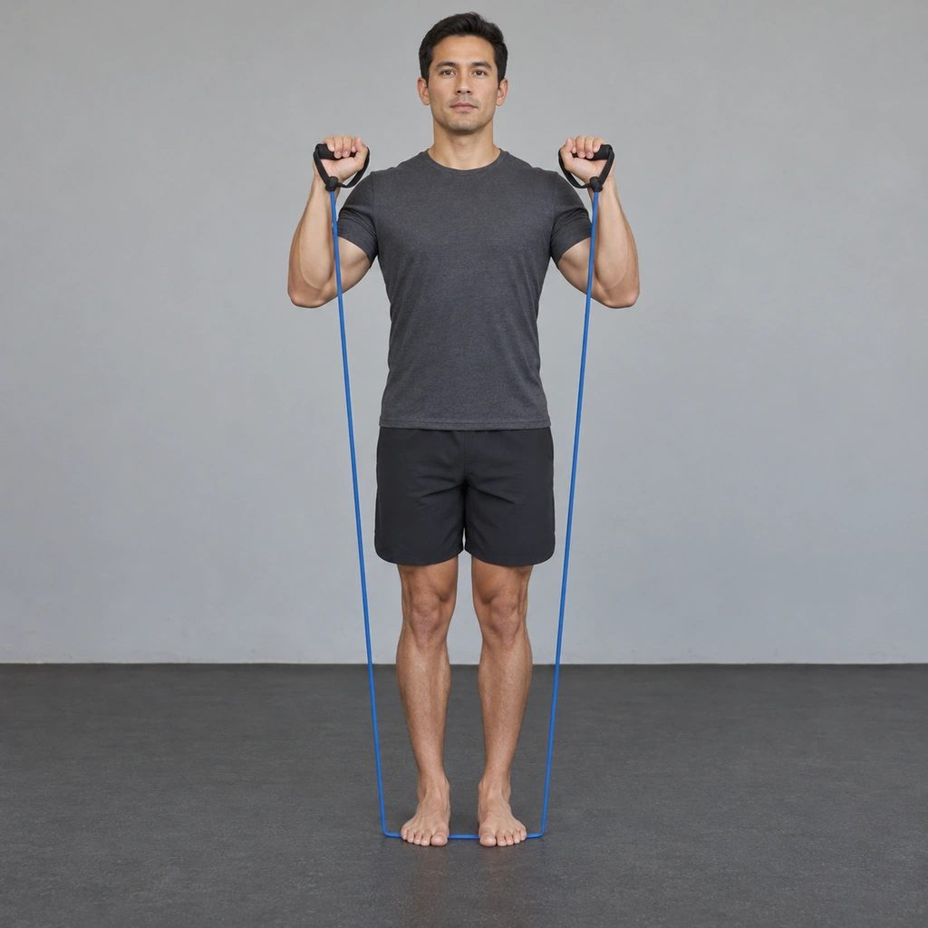 A man standing with both feet on an exercise band, heels flat on the floor, holding the band's handles raised near his shoulders with his elbows bent.