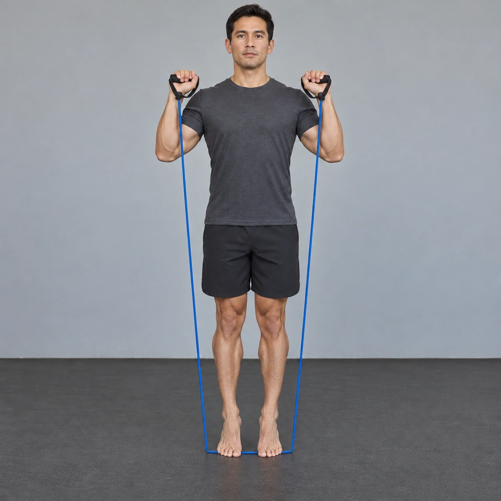 The same man, now up on his toes with his heels lifted high off the floor, his calves visibly contracted, his hands still fixed near his shoulders.