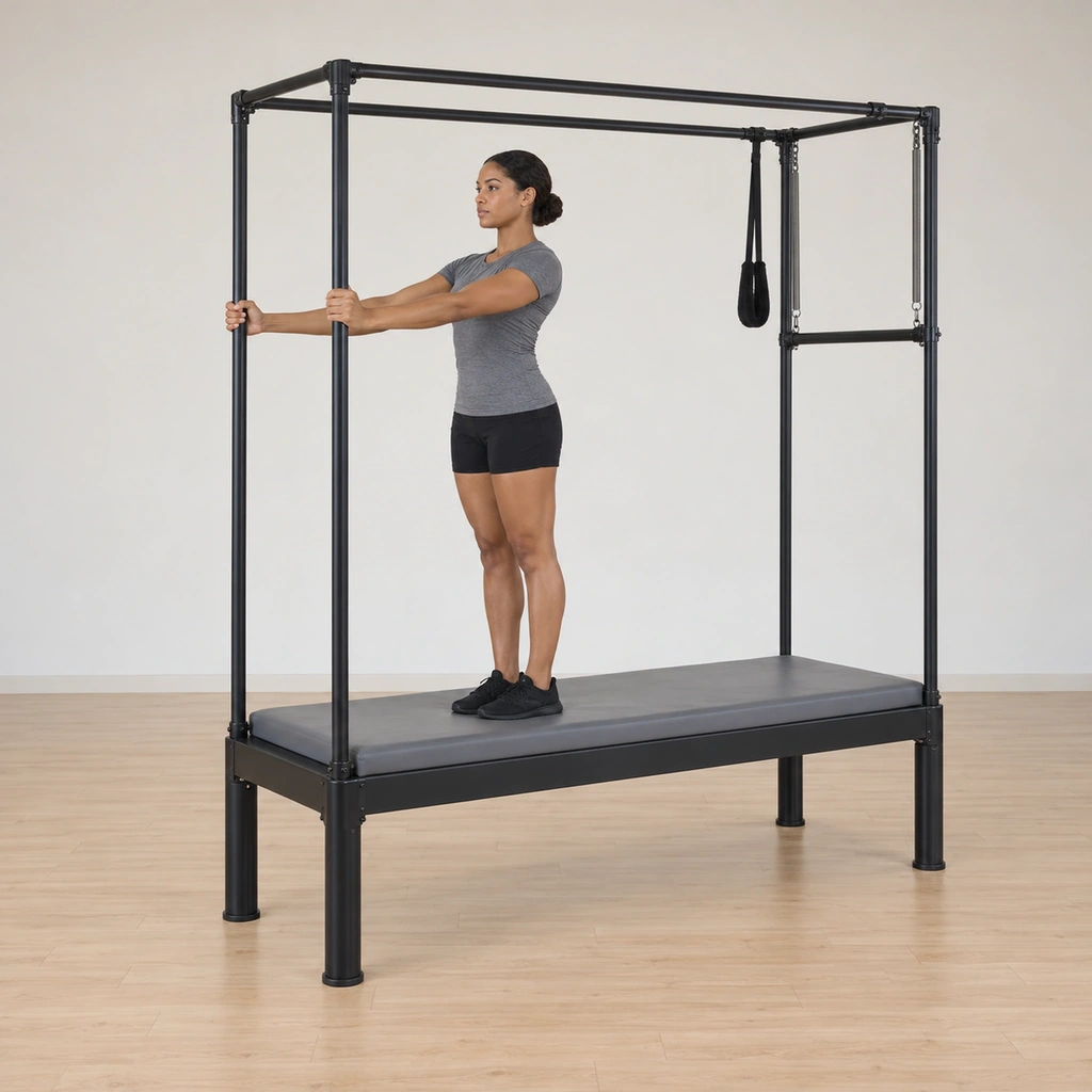 She stands at the centre of the cadillac table gripping the two upright bars in line with her shoulders, her shoulders set on her back, facing the uprights.