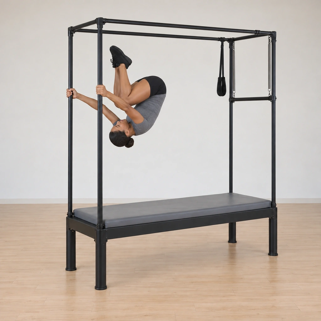 Her knees pull into her chest as her body flips upside down toward the bars, both hands still gripping the uprights, her hips rising over her head.