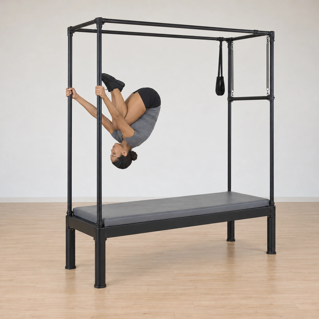 She hangs inverted in a tight rolling-like-a-ball tuck on the bar grip, knees at the chest, the body curled upside down above the table.