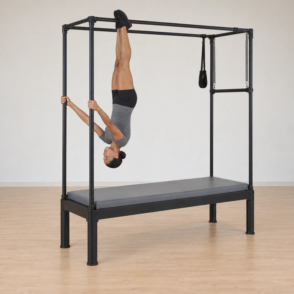 Her legs extend long up toward the ceiling forming the candlestick line, toes aligned over the hips, her shoulders and neck long, both hands gripping the upright bars.
