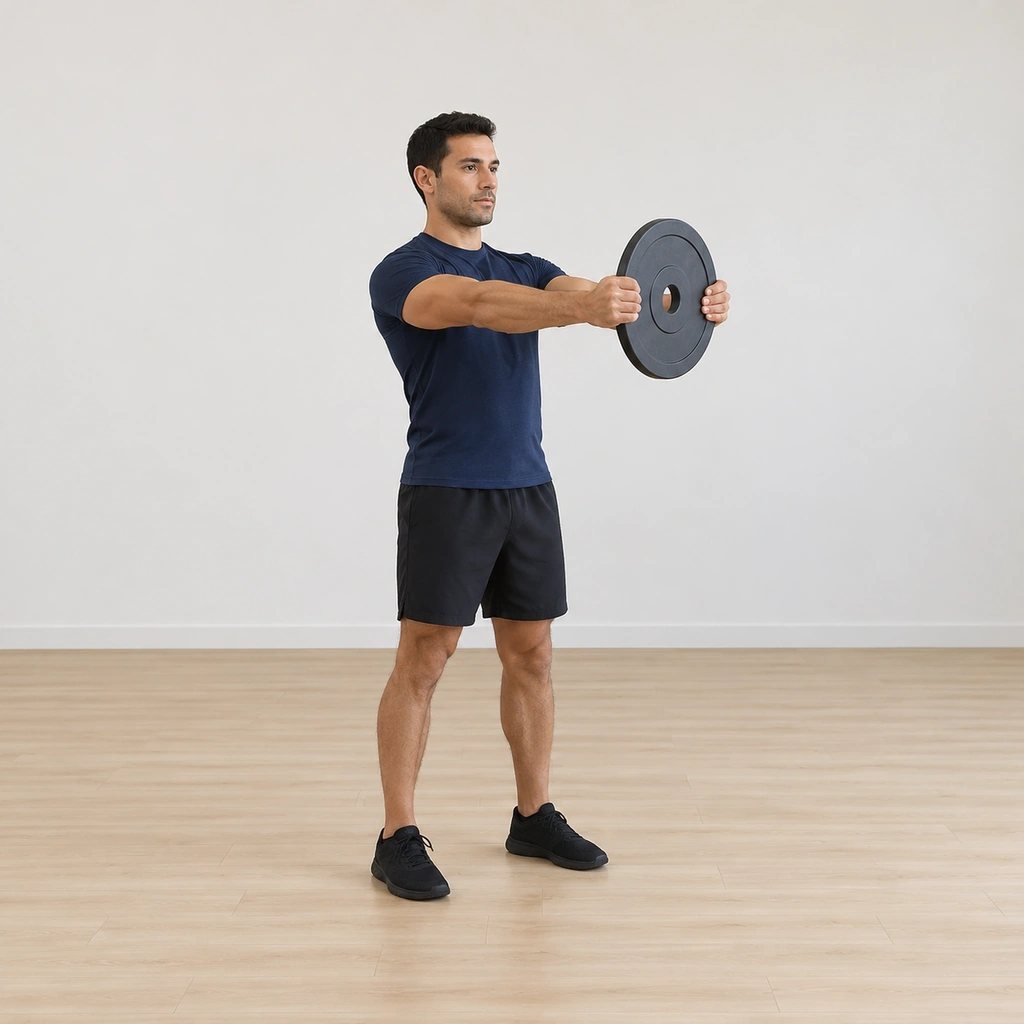 He stands tall, the round plate held in both hands at its side edges, arms extended straight out in front of his chest, palms facing each other.