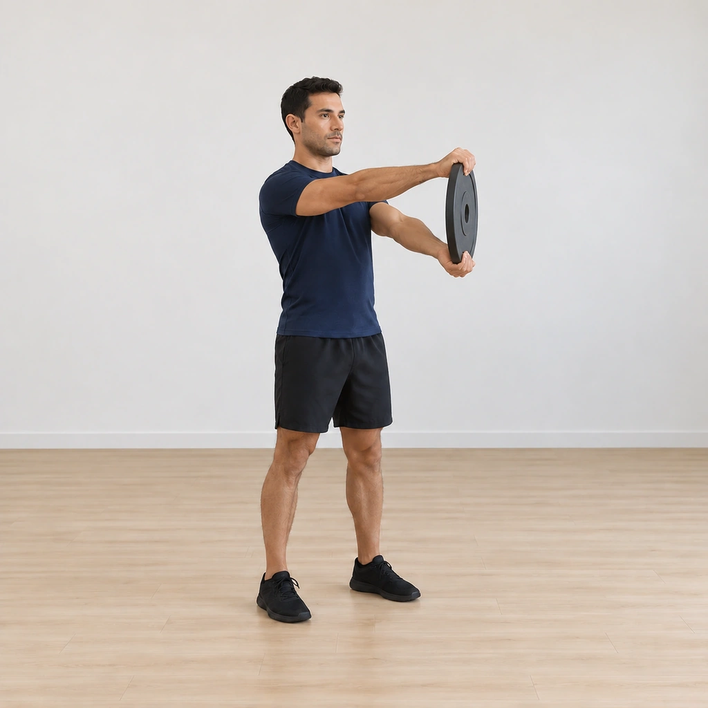 He is turning the plate to one side, the top hand rolling over the rim while the bottom hand carries under, the plate rotated about its center, arms still extended.