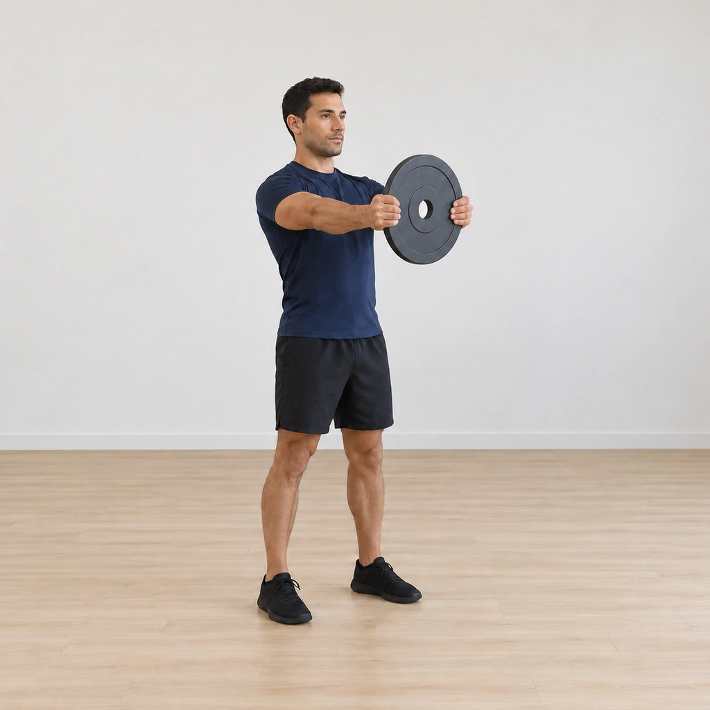 He is back at the neutral hold, plate level and arms extended out front, hands re-gripping at three and nine o'clock for the next rep.