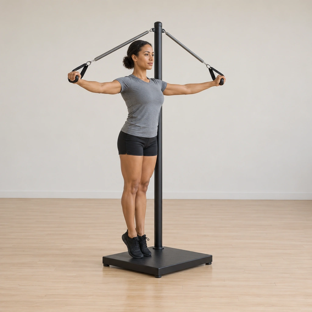 A woman stands on the ped-o-pul platform on the balls of her feet, spine along the pole, both arms held out at shoulder height in the spring handles.