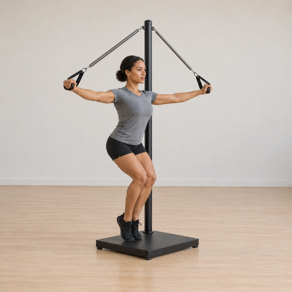 She bends both knees and slides straight down the pole into a knee bend, arms still out at shoulder height, the springs supporting the descent.