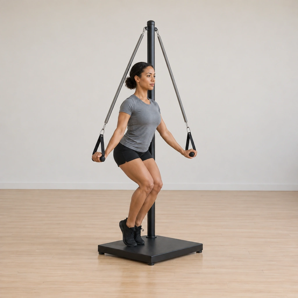 She reaches her supported depth and lowers both arms down to her sides, the knee bend held.