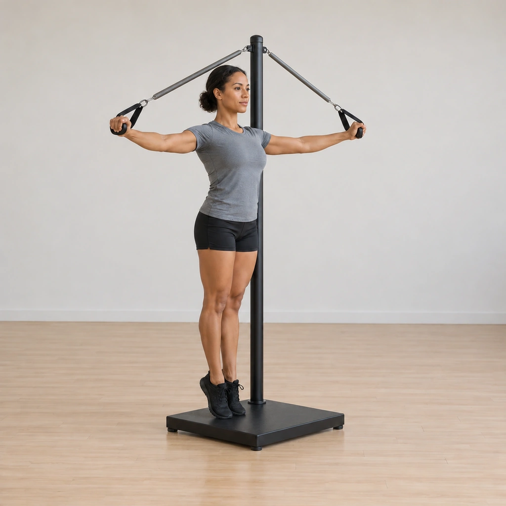 She presses the handles, lifts from the waist and lengthens back up the pole to the tall balls-of-feet start.