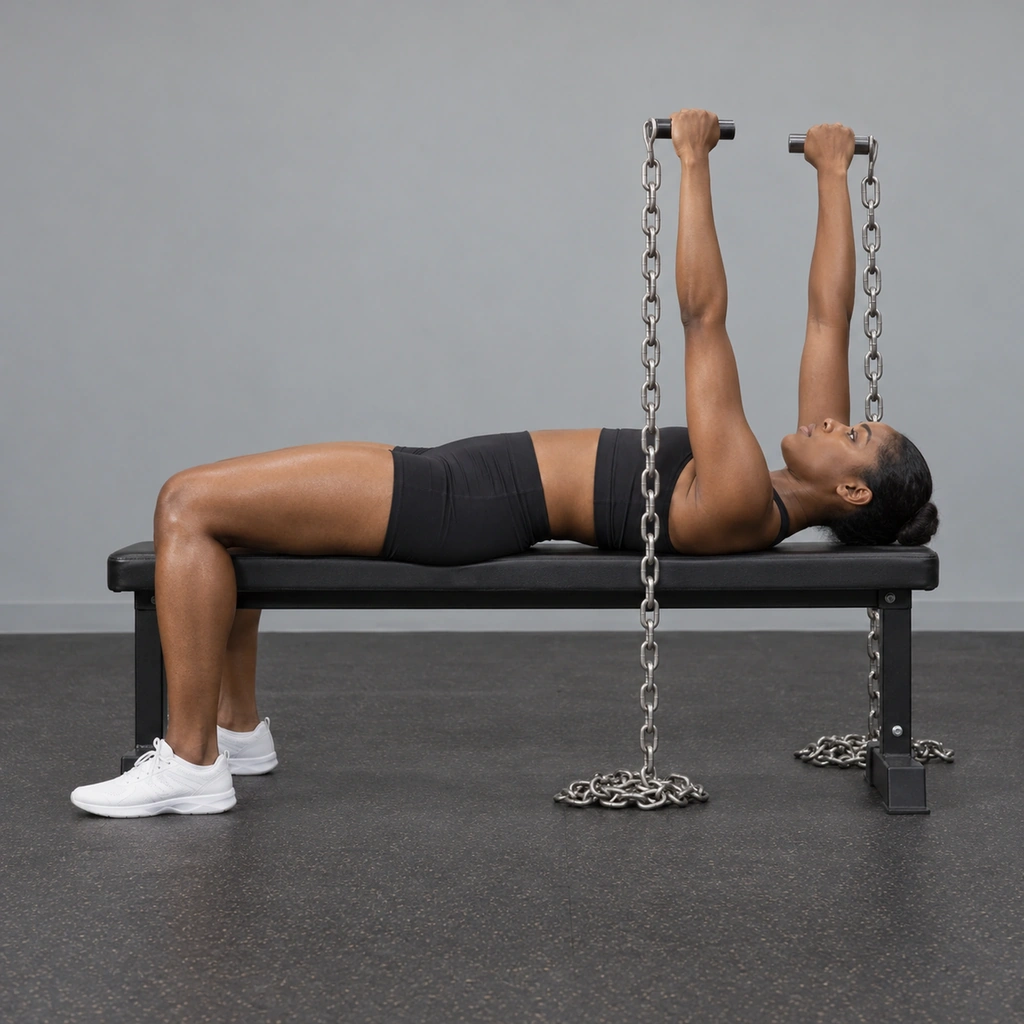 A woman lying on a bench, both arms extended straight up, holding handles with chains hanging down toward a pile on the floor.