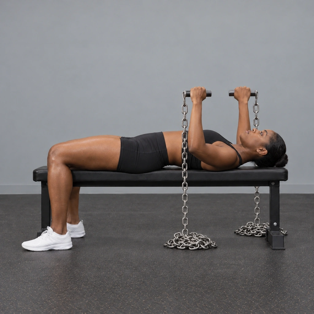 The same woman, now with her elbows bent to 90 degrees, hands lower near her chest, more chain piled on the floor beneath the handles.