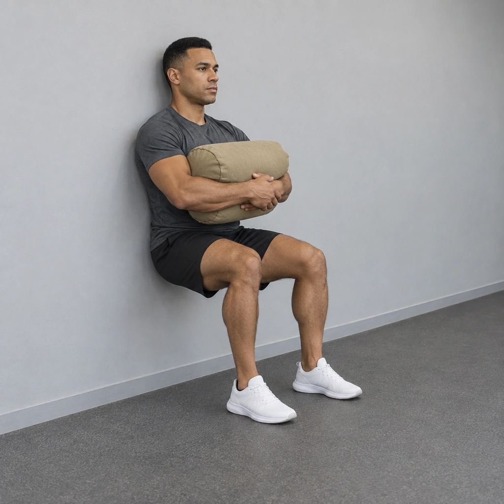 An adult man holds a sandbag in both arms against his chest while his back rests on a wall, both feet stay flat and both knees bend to about 90 degrees.