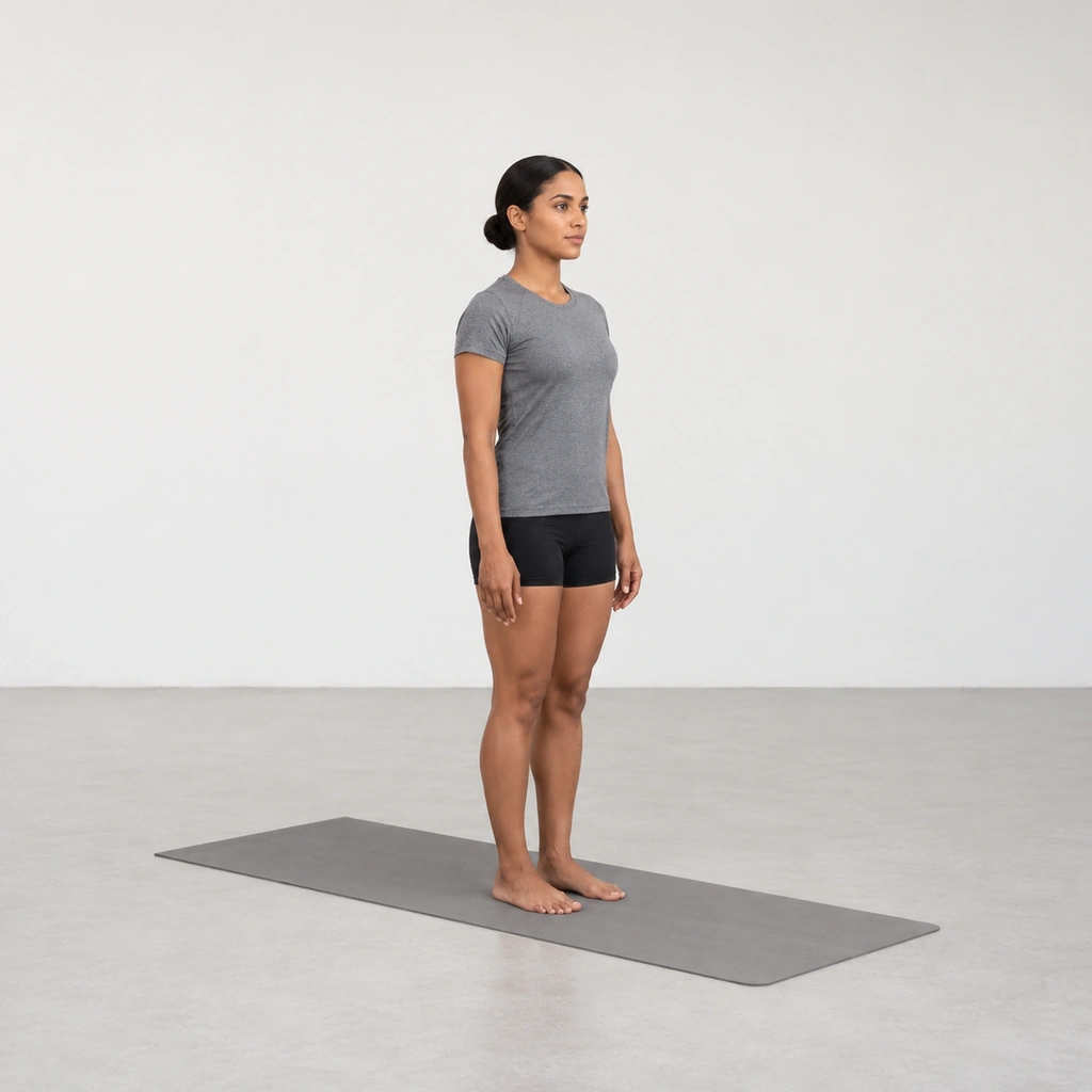 She stands in mountain pose on the mat, feet together and arms settled.