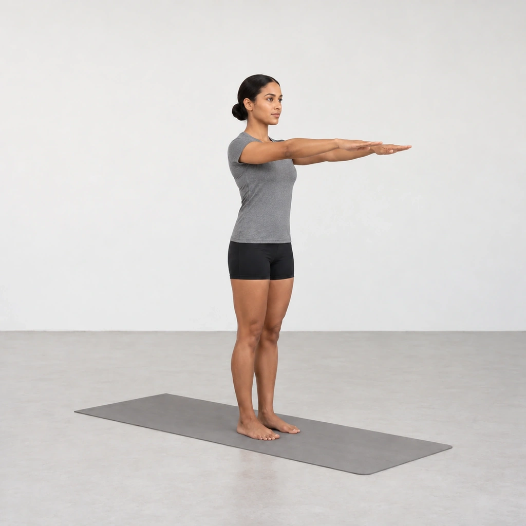 Her arms reach forward parallel to the floor, palms down.