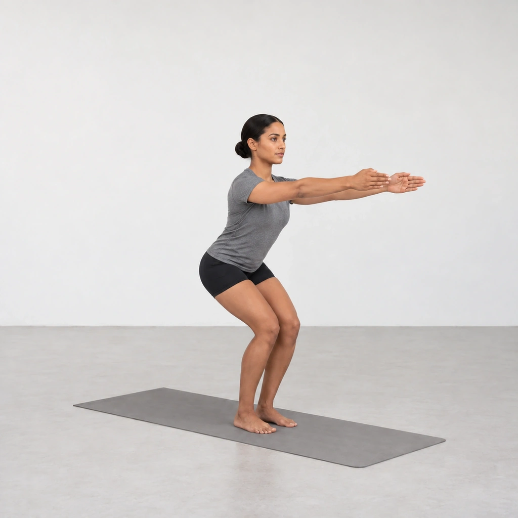 She bends her knees, hips reaching down and back as if to a chair edge, weight in her heels.