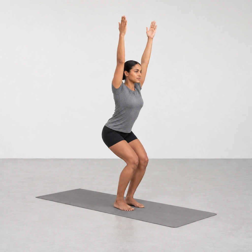 She holds the chair pose with her arms extended overhead, shoulders down and spine long.