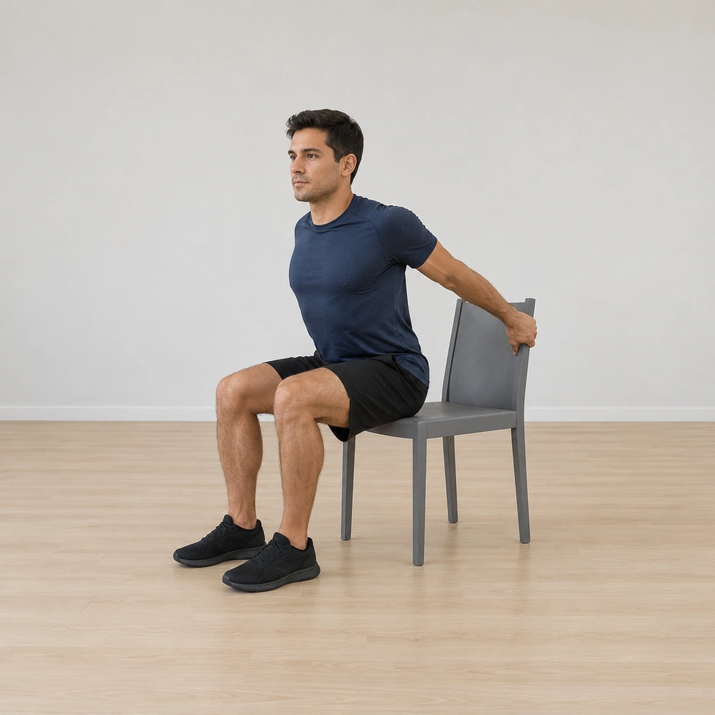 He sits on the front edge of the chair, both hands reaching back to grip the chair back behind him, feet flat on the floor.