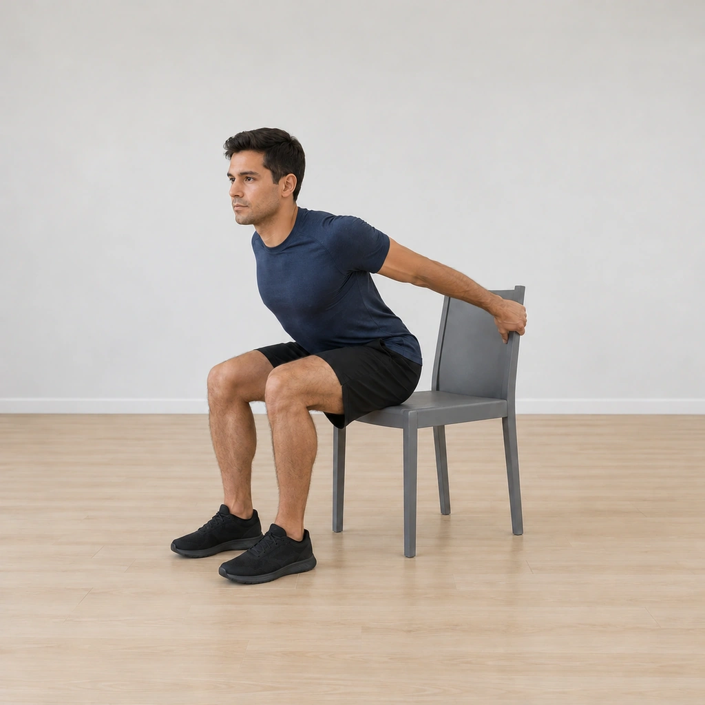 He is leaning his upper body forward away from the anchored arms, his straight arms still gripping the chair back and his chest opened as the trunk comes forward.
