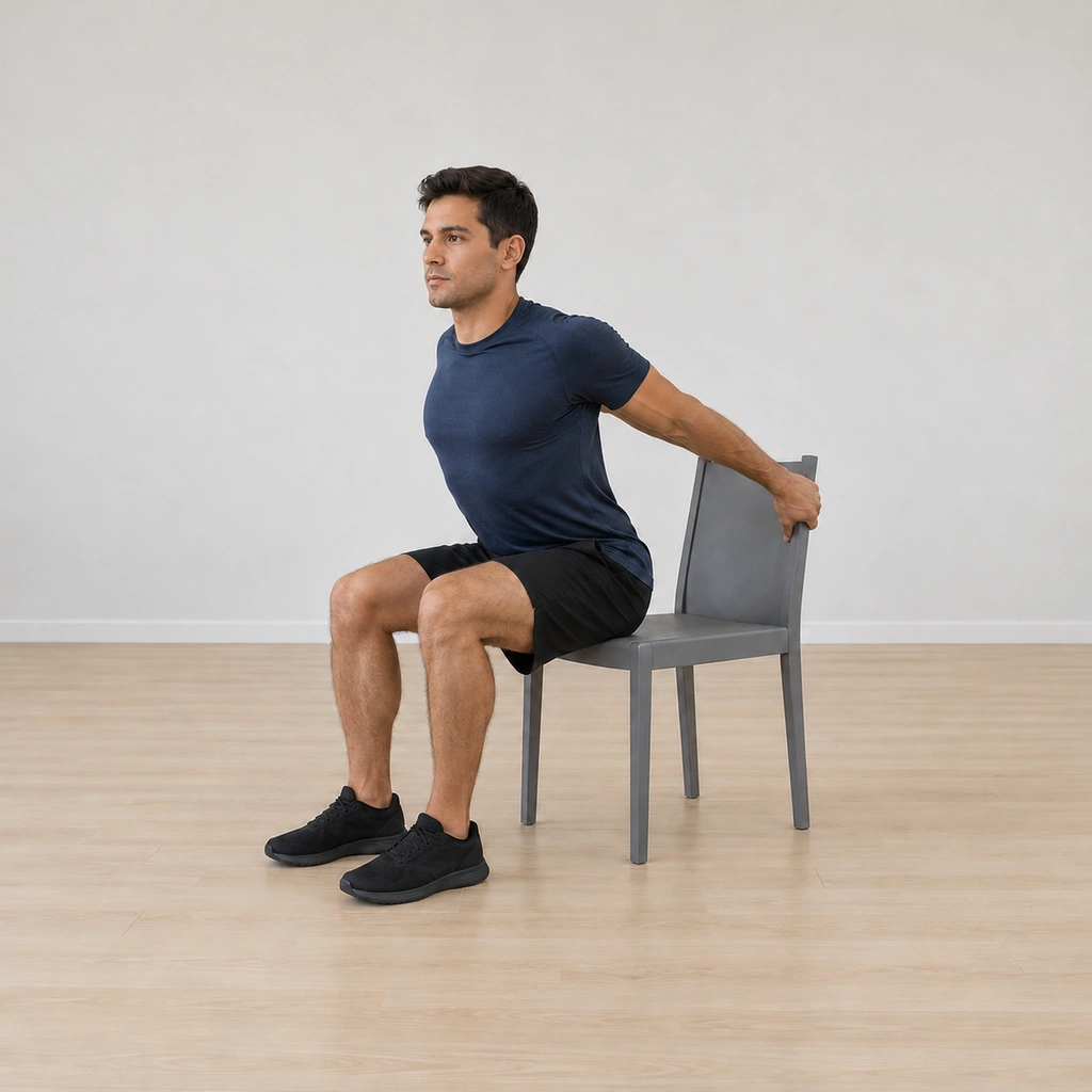 He has returned upright on the chair edge, the hands still on the chair back behind him and the trunk relaxed tall, the hold completed.