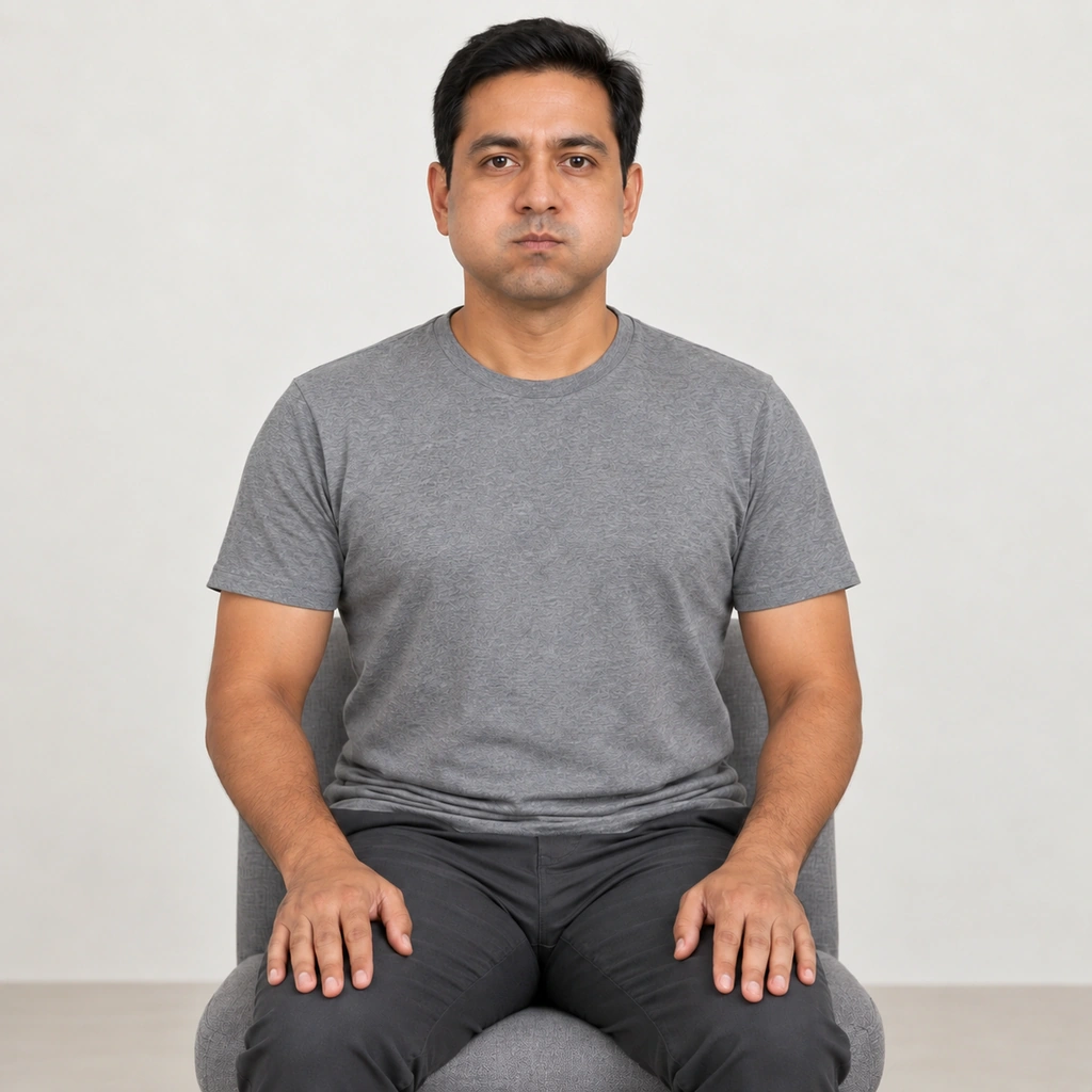 The same man with his lips sealed and both cheeks blown out into equal round bulges.