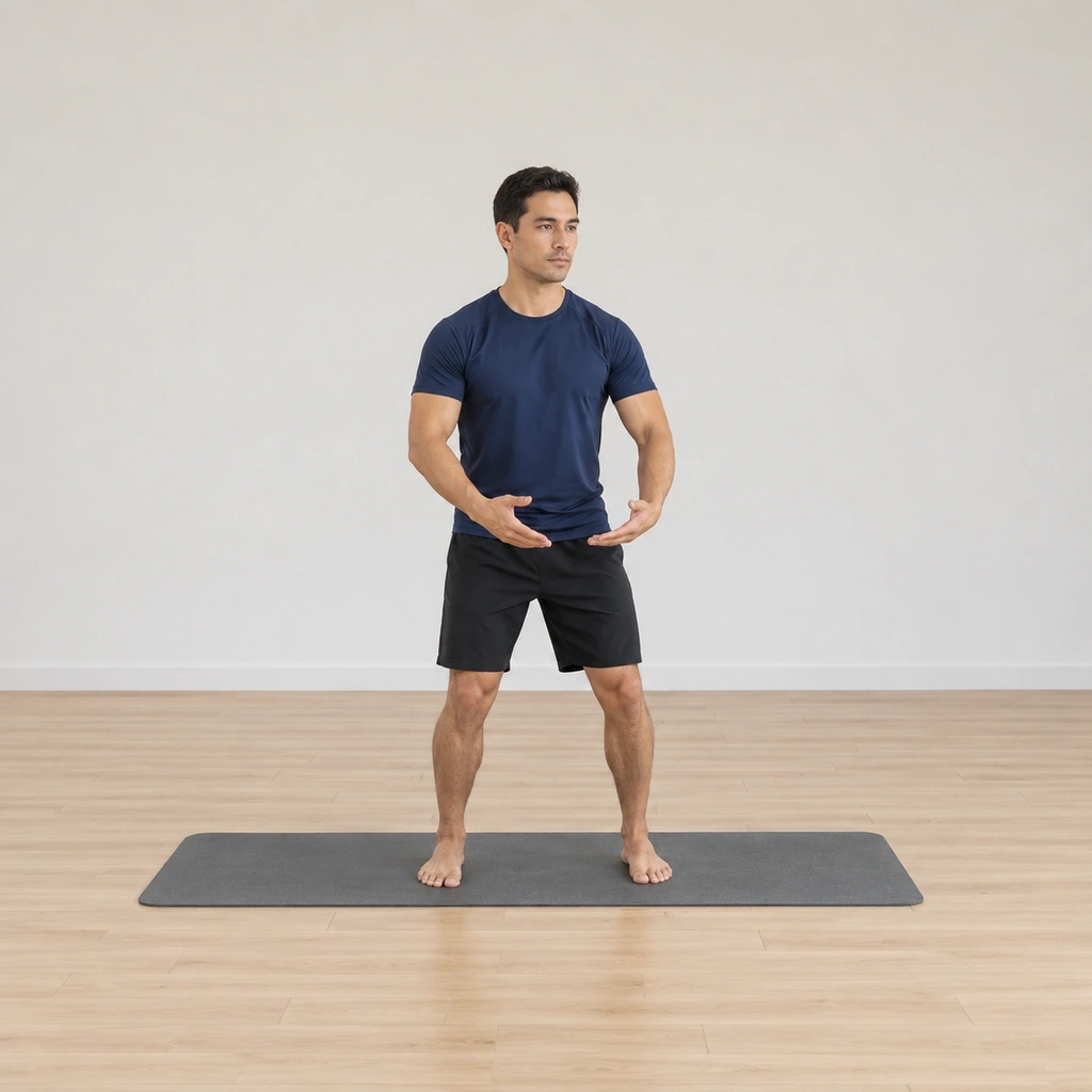 He stands on the mat in the settled stance, the arms hanging low in front, the knees soft, ready to begin the wave.