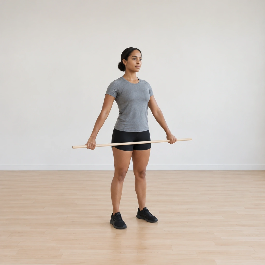 She stands tall holding the stick horizontally in front of her hips: both hands on a wide overhand grip well outside her shoulders, arms straight down; her trunk is tall and her gaze forward.