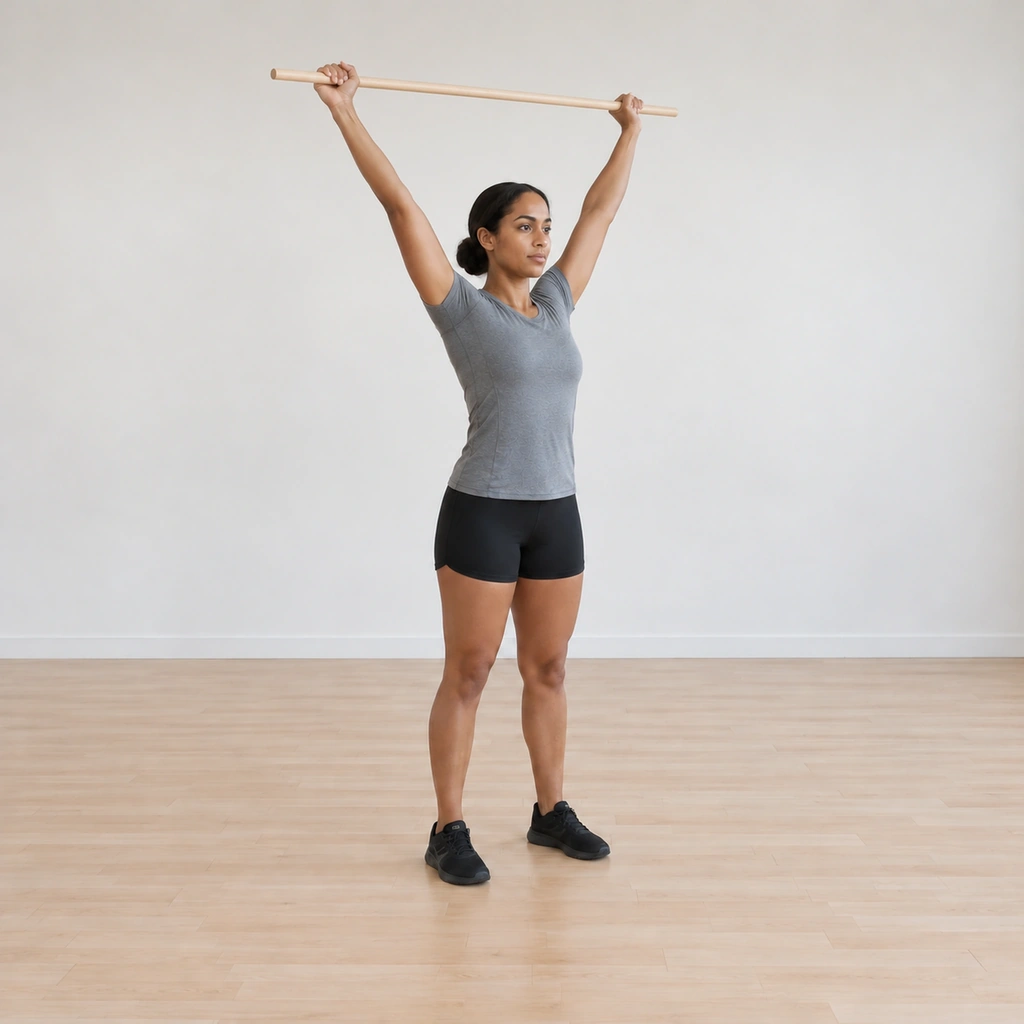 She raises the stick straight up to overhead: arms locked, the stick horizontal above her head; her trunk stays tall without arching.