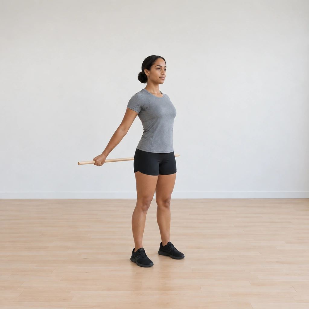 She has carried the stick up and over to behind her back: arms still straight, the stick horizontal behind her hips; her shoulders are fully rotated through the arc and her trunk stays tall.
