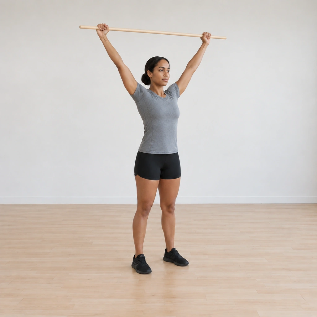 She reverses the arc: the stick rising back overhead on its way forward, arms still straight; her trunk stays tall through the controlled return.